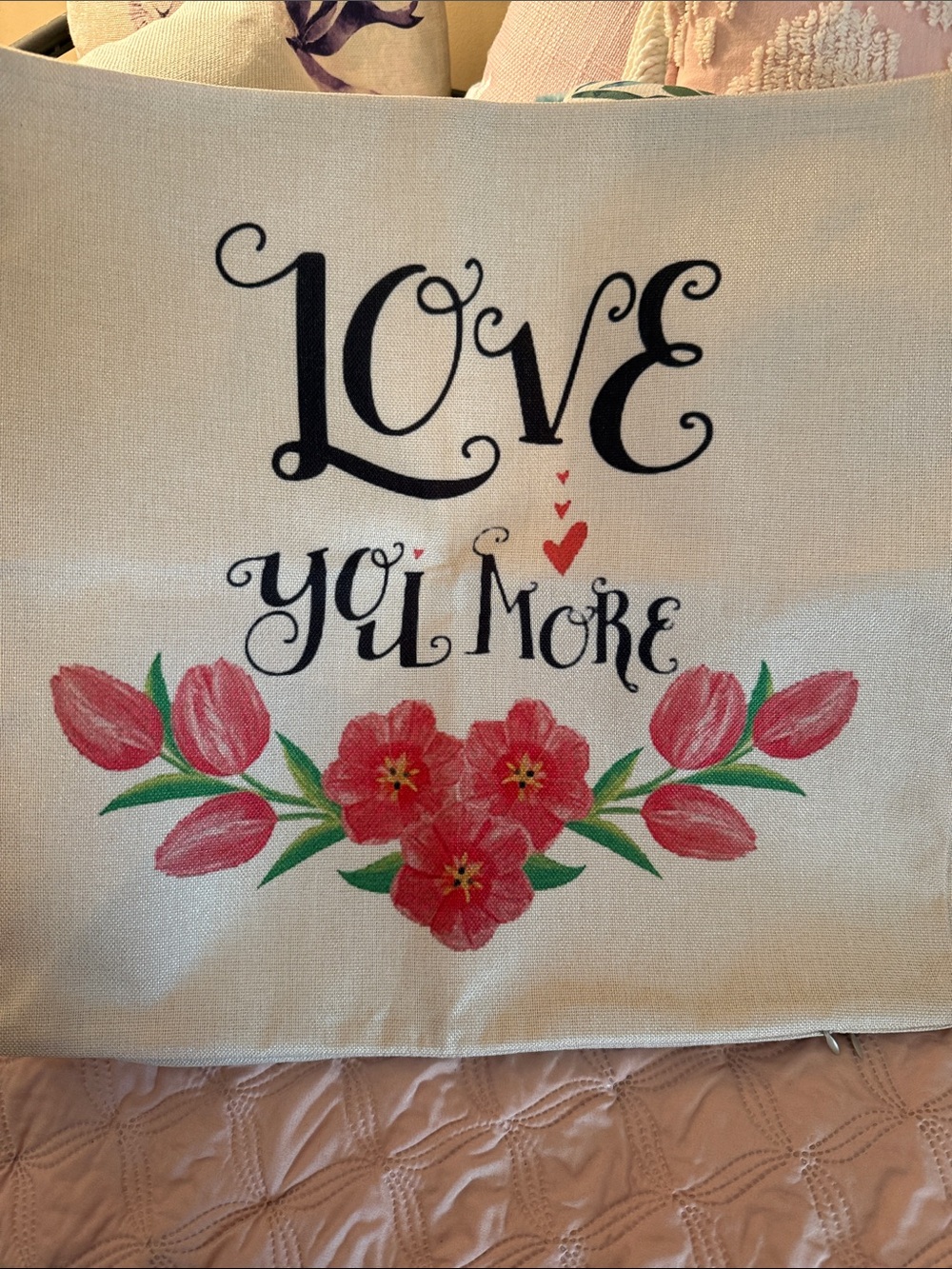 Love You More Floral Wall Art Pillow Cover - Pink Red